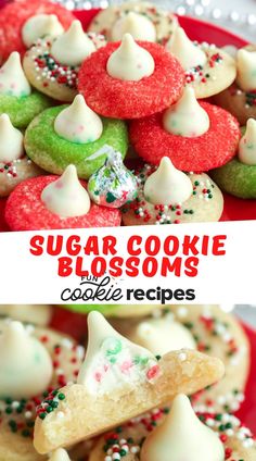 sugar cookie blossoms with white frosting and sprinkles are on a red plate