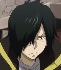 an anime character with black hair and green eyes