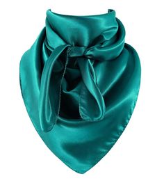 a teal green satin scarf with a knot on the front and back ends,