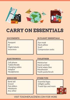 a poster with the words carry on essentials in english and spanish, including an image of