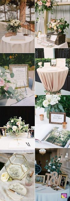 wedding decorations and table settings are shown in four different pictures, including the bride's bouquet