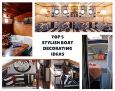 the inside of a boat with lots of furniture and decor on it's walls