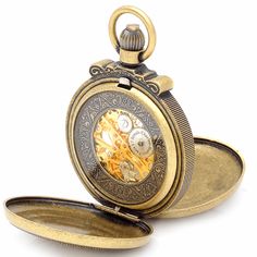 "PRODUCT DESCRIPTION With Old World charm and elegant style, this Charles Hubert pocket watch features an antique gold-tone finish with intricately engraved covers, and matching 12\" chain. Inside, a white calendar dial surrounds the exposed inner 17-jewel mechanism, with contrasting black Roman numerals and hands, protected front and back with scratch-resistant lenses. Add free custom engraving to make this gift truly one-of-a-kind, and it will come packaged in a Charles Hubert gift box. PRODUC Gold Pocket Watch With Skeleton Dial, Classic Gold Pocket Watch With Skeleton Dial, Gold Pocket Watch With Metal Dial Gift, Gold Pocket Watch With Metal Dial As Gift, Elegant Gold Pocket Watch With Skeleton Dial, Gift Gold Pocket Watch With Metal Dial, Antique Gold Pocket Watch With Skeleton Dial, Vintage Medallion Pocket Watch With Skeleton Dial, Engraved Antique Gold Pocket Watch For Formal Occasions