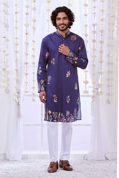 Navy straight kurta with multi colored kalamkari floral prints. Comes with contrasting solid pyjama. - Aza Fashions Semi-stitched Purple Kurta With Printed Motifs, Traditional Sherwani With Floral Print For Designer Wear, Festive Kalamkari Print Traditional Wear With Multicolor Embroidery, Festive Multicolor Kalamkari Print Kurta, Festive Kalamkari Traditional Wear With Multicolor Embroidery, Traditional Floral Print Sherwani For Festivals, Festive Kalamkari Print Traditional Wear, Festive Multicolor Kalamkari Traditional Wear, Multicolor Cotton Silk Straight Kurta