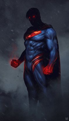 a painting of a superman standing in the rain with his hands on his hips and glowing red eyes