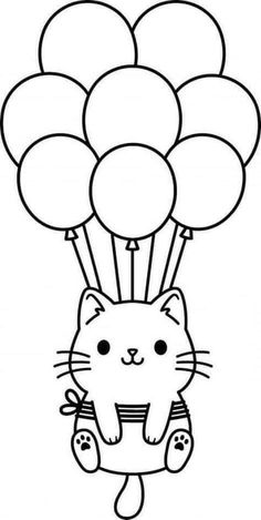 a black and white drawing of a cat with balloons