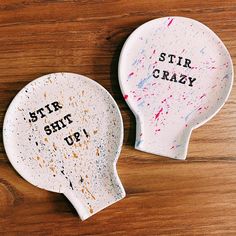 More funny spoon rests have arrived!! 🥄  Handmade using air drying clay, these are the perfect spoon holders for any kitchen. Stir Crazy- Neon pink with a splash of lilac paint splatter effect! Stir Sh*t up- Navy with a splash of gold paint splatter effect! Please let us know if you would like different colours before checking out! Perfect as a gift or as a unique little something for your kitchen!  PLEASE NOTE: Our products use air drying clay, they take 3-5 days to make, this includes, drying Funny Spoon Rest, Pottery Painting Spoon Rest, Ceramic Spoon Rest Painting Ideas, Airdry Clay Craft, Spoon Rest Painting Ideas, Clay Spoon Holder, Spoon Rest Pottery Painting Ideas, Air Dry Clay Spoon Rest, Spoon Rest Ideas