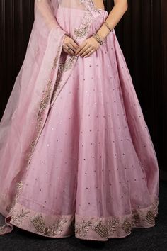 Pink lehenga with an attached cancan and mukaish and zardosi embroidery. Comes with a padded blouse and a dupatta. - Aza Fashions Chanderi Lehenga With Sheer Dupatta For Wedding, Wedding Lehenga With Sheer Dupatta In Chanderi, Wedding Anarkali Dola Silk Choli, Chanderi Wedding Dress With Gota Work, Wedding Chanderi Dress With Gota Work, Diwali Gown With Dori Work In Dola Silk, Wedding Semi-stitched Dola Silk Anarkali Set, Diwali Dola Silk Gown With Dori Work, Dola Silk Anarkali Set With Dori Work For Reception