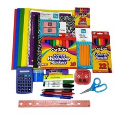 school supplies including pencils, markers, scissors and other crafting items are arranged on a white background