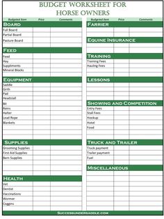 the printable budget worksheet for horse owners is shown in green and white