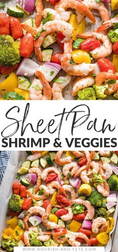 sheet pan shrimp and veggies with text overlay