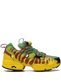 green/red/yellow leather all-over graphic print cut-out detailing round toe pull-tab at the heel chunky rubber sole These styles are supplied by a premium sneaker marketplace. Stocking only the most sought-after footwear, they source and curate some of the most hard to find sneakers from around the world. Artist Shoes, Artistic Shoes, Instapump Fury, Yellow Sneakers, Green Sneakers, Red Sole, Yellow Leather, Painted Shoes, Baddie Outfits