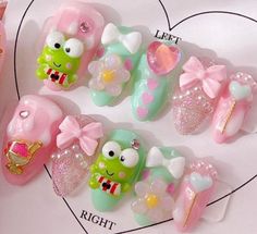 Keroppi Nail Art, Keroppi Nails, Pompompurin Nails, Sanrio Nails, Nail Polish Ideas Easy, Easter Nail Designs, Gelish Nails