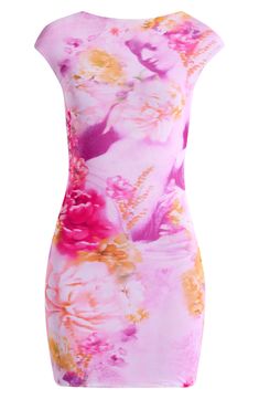 A vibrant floral print decorates this stretchy mesh mini that's framed by cap sleeves and designed with a sultry scooped back. Slips on over head Bateau neck Cap sleeves Lined 95% polyester, 5% spandex Machine wash, tumble dry Imported Fitted Cap Sleeve Mini Dress For Summer, Fitted Cap Sleeve Bodycon Summer Dress, Fitted Cap Sleeve Bodycon Dress For Summer, Spring Stretch Mini Dress With Cap Sleeves, Summer Stretch Mini Dress With Cap Sleeves, Spring Floral Print Stretch Bodycon Dress, Pink Floral Print Bodycon Dress, Spring Floral Stretch Bodycon Dress, Pink Fitted Bodycon Dress With Floral Print