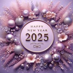 a happy new year greeting card with ornaments and flowers in the center on a purple background