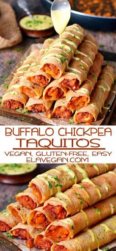 several different types of burritos stacked on top of each other with the words buffalo chicken