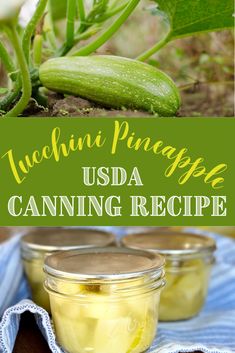 zucchini and pineapple canning recipe in jars with the title overlaying