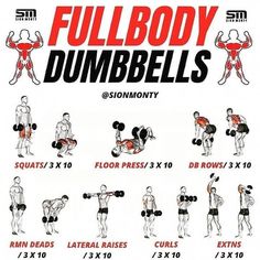 the full body dumbbells workout poster is shown in red and black, with instructions for