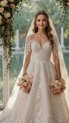 a woman in a wedding dress standing under an arch with flowers and greenery on it