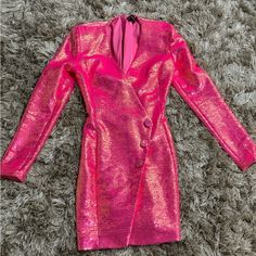 Hot Pink Sequin Fitted Blazer Dress. In Perfect Condition. Only Worn Once. Pink Long Sleeve Dress For Dinner, Chic Fitted Mini Dress For Festive Occasions, Chic Fitted Mini Dress For Festive Season, Festive Chic Fitted Mini Dress, Fitted Dress For Date Night And Festive Season, Festive Pink Dress For Night Out, Fitted V-neck Mini Dress For Festive Occasions, Festive Pink Mini Dress For Evening, Fitted Mini Dress For Festive Formal Occasions