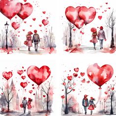 four watercolor paintings of people walking in the rain with heart shaped balloons