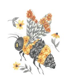 a painting of a bee with flowers and leaves