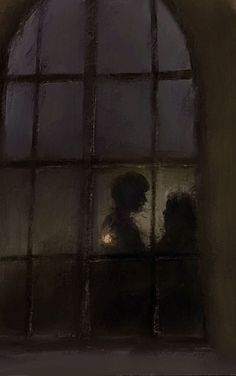 a painting of two people standing in front of a window