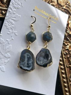 Powers of Druzy Druzy is believed to reduce stress, induce relaxation, strengthen natural healing, promote self love and empowerment.  24K Gold Plated Geodes,Labradorite Earring length：inch,cm (Approx)          All natural crystals contain some inclusions,cracks,scratches,chips and disclorations.  There can be variations of size,weight,shape and color. Please review the photos for details or reach out if you have any questions! Do to these includinh geodes please keep in mind that they may have a slight weight to them,each pair may vary in weight. =Care Instructions= -Please avoid contact with any chemical such as oil,lotion,perfume,etc. -If needed wipe gently with warm water with a soft cloth.Do not use any cleaning products containing chemicals or antibiotic soaps. -Use a soft jewelry po Soft Jewelry, Labradorite Earrings, Druzy Earrings, Agate Earrings, Earrings Christmas, Earrings Statement, Earrings Boho, Cleaning Products, Natural Healing