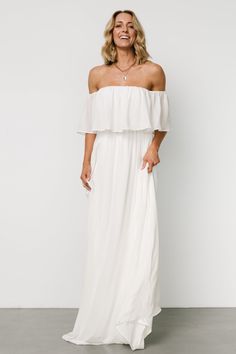 Diana Off Shoulder Maxi Dress | Off White - Baltic Born Off White Maxi Dress, White Off Shoulder Dress, White Boho Dress, Off Shoulder Maxi Dress, White Maxi Dress, Beach Family, Off Shoulder Fashion, White Gowns, Outdoor Event