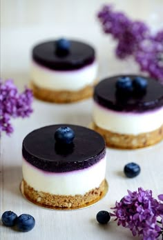 three small desserts with blueberries on top of them and purple flowers in the background