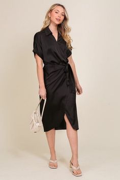 Short sleeve collared satin wrap midi dress with side self tie detailFabric Contents: 100% PolyesterMade in China Non-stretch fabric Non-sheer fabric Size Measurement (inch): S: null (Bust), null (Waist), null (Hips), null (Length) M: null (Bust), null (Waist), null (Hips), null (Length) L: null (Bust), null (Waist), null (Hips), null (Length) Dimensions (inch): S: M: L: Black Satin Mini Dress, Satin Wrap Dress, Designer Midi Dresses, Surplice Neckline, Wrap Midi Dress, Denim Mini Dress, Satin Mini Dress, Sheer Fabric, Black Wrap Dress