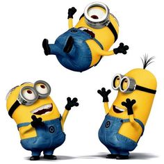 three minion characters in different poses, one jumping and the other holding his hands up