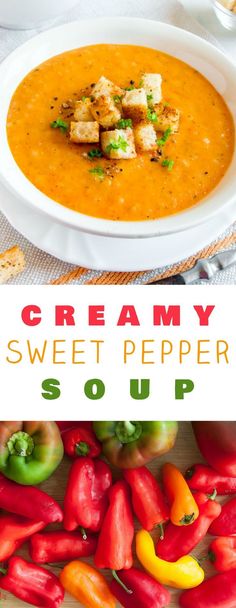 creamy sweet pepper soup with croutons in the bowl and peppers on the side