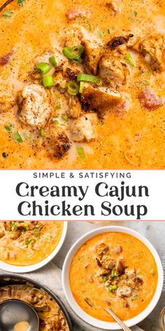 creamy cajun chicken soup in a white bowl