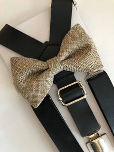 Black Leather Suspenders/Wheat Burlap Bow Tie. Kids Black Leather Suspenders Set Classic Bow Tie With Suspenders For Party, Dapper Adjustable Belts And Suspenders With Ties, Classic Party Bow Tie With Suspenders, Classic Black Belts And Suspenders For Party, Dapper Suspenders For Party, Elegant Adjustable Belts And Suspenders For Black Tie, Classic Adjustable Belts And Suspenders For Party, Dapper Party Suspenders, Adjustable Dapper Belts And Suspenders For Formal Wear