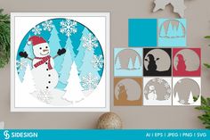 a snowman is standing in front of some christmas decorations and paper cut outs on the wall