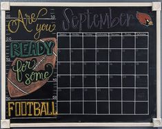 a chalkboard with some writing on it and a football drawn on the board next to it