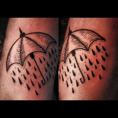 two black and white tattoos with umbrellas on their legs, one is in the rain