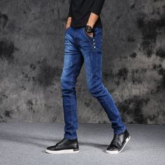 1 Slim Fit Denim Blue Pants For Fall, Slim Blue Jeans With Pockets, Blue Slim Jeans With Pockets, Casual Slim Blue Pants, Medium Wash Stretch Jeans For Streetwear, Stretch Medium Wash Jeans For Streetwear, Slim Blue Pants For Spring, Blue Slim Cotton Jeans, Stretch Denim Jeans For Streetwear