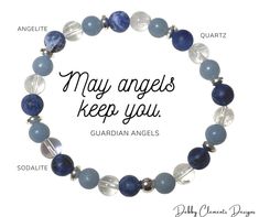 "May Angels Keep You"  Guardian Angel Gemstone Crystals bracelet  Stones: Angelite, Quartz, Sodalite Size: choose your size Stone size: 8 mm Original Design & Handmade in Canada ANGELITE: guardian angels, guidance, communication, protection SODALITE: sleep, moving homes, wisdom, menopause QUARTZ: energy, healing, success Packaging: velvet bag and tissue paper. Ready to gift. Intention: "May Angels guard you through the night and keep you safe til morning light." FREE SHIPPING! Angelite Crystal Bracelet, Blue Gemstone Crystal Bracelet Gift, Blue Crystal Bracelet With Natural Stones For Gift, Blue Gemstone Beads Bracelets Perfect As A Gift, Blue Gemstone Beads Bracelets As Gift, Blue Bracelets With Gemstone Beads For Gifts, Blue Bracelets With Gemstone Beads As Gift, Blue Gemstone Beaded Bracelet As Gift, Blue Gemstone Beaded Bracelets As Gift