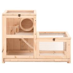 a wooden rabbit hutch with two doors and one door open to the side, on a white background