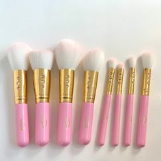 Glamorous travel / mini sized jeweled make up brushes  Pink is the new Black.  Gorgeous pink handles with our twist of glam and of course with White and pink bristles. They are seriously so soft and fluffy!  This set has everything you need for your everyday look to your night out look. 100% synthetic & cruelty free (8 piece set)  Tapered Brush  Powder Brush  Angled Brush  Flat Brush  Highlight Brush  Eyeshadow Brush  Small Eyeshadow Brush Crease Brush Mini Makeup Brushes, Pink Makeup Brushes, Pink Brush Set, Girly Things Makeup Brushes & Tools, Bling Makeup Brush Set, Makeup Brush Set Pink, Highlighter Brush, Angled Brush, Flat Brush