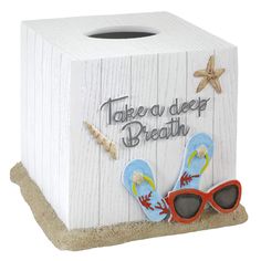 a white wooden box with sunglasses and starfish on the top that says take a deep breath