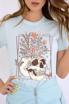 Floral Skull Graphic T Shirts Unisex 100%COTTON HEATHER(52%COTTON,48%POLY) ATH.HEATHER,BLACK HEATHER(90%COTTON,10%POLY) Imported Fitted Trendy T-shirt With Skull Print, Spring Skull Print Graphic Tee, Jumper Denim, Multicolor Skull Print T-shirt With Crew Neck, Edgy Cotton T-shirt With Skull Print, Elegant Moments, Casual Cotton T-shirt With Skull Print, Holiday Graphic Tees, Leather Motorcycle Gloves