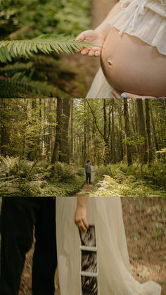 two images one is pregnant and the other has her hand on a ladder in the woods