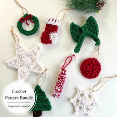 crochet christmas ornament patterns and ornaments on a white table with pine tree