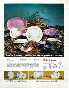 an advertisement for stoneware from the 1950's shows different dishes and bowls with designs on them