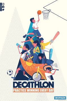 a poster with the words decathlon on it and people playing basketball in an upside down triangle