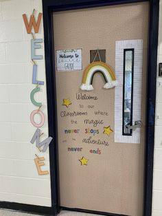 a classroom door decorated with magnets and writing on the front, welcome to god