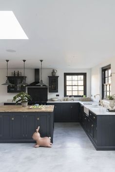 a kitchen with black cabinets and an island